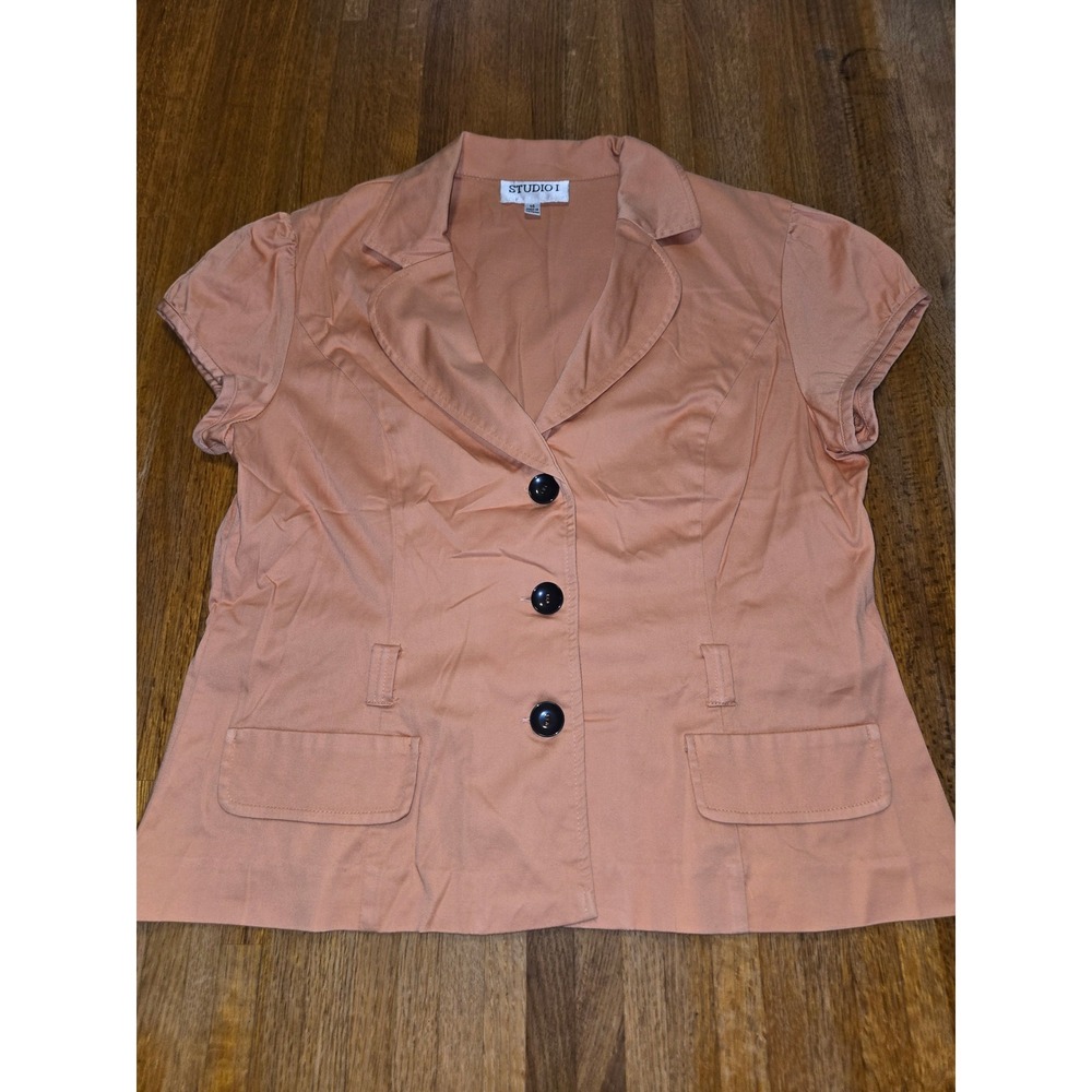 Studio I Womens 14 Peach Short Sleeve 3 Brown Button Up Collared Blazer Top